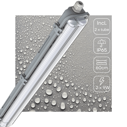 Grijze LED-buisverlichting met transparante beschermkap en witte aansluiting, inclusief twee witte T8-buislampen en een gouden verpakking voor professionele installatie in kantoren of magazijnen.
