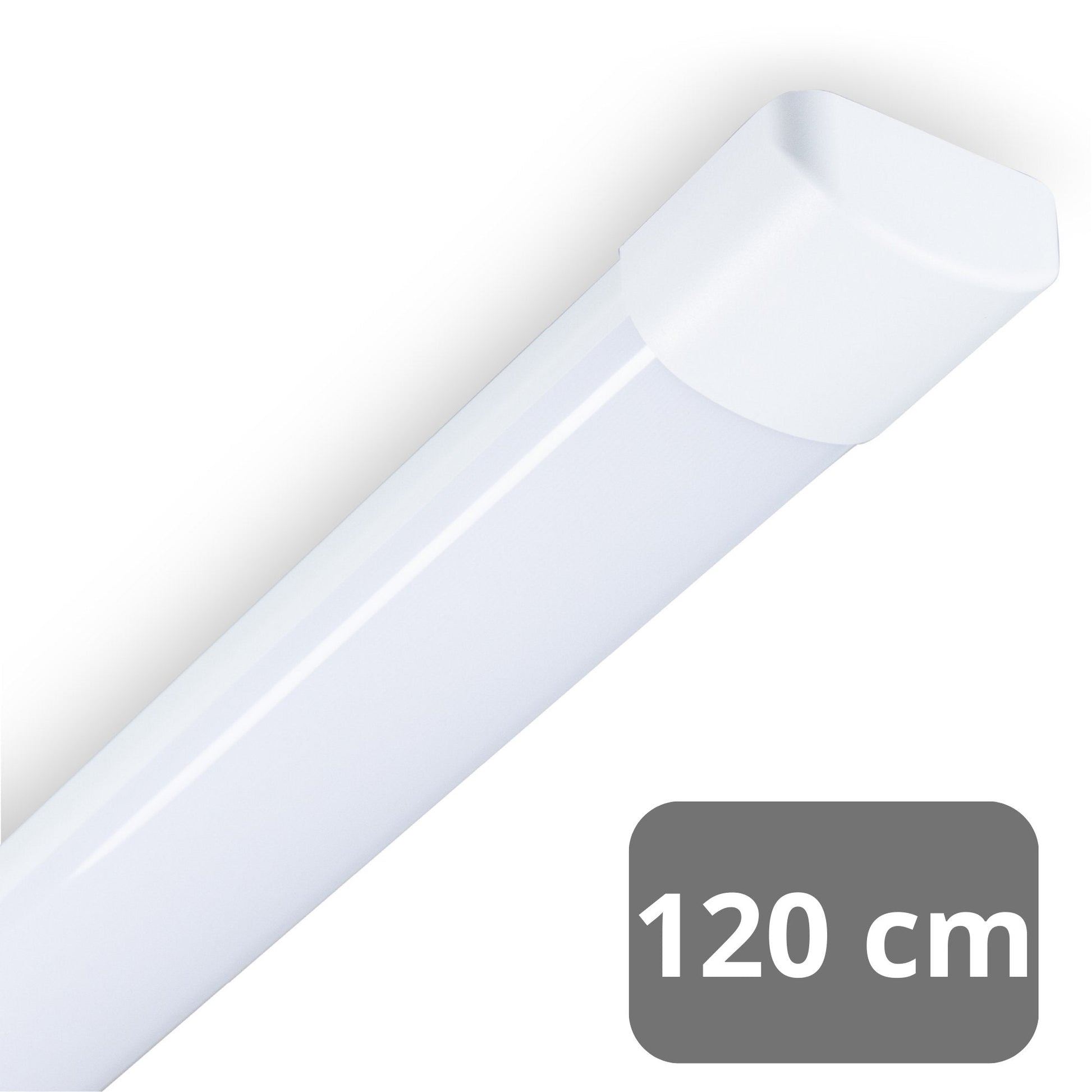 Drie witte LED-buislampen van 120 cm, met IP40 waterbestendigheid, liggen op een waterdrukkende oppervlak. Geschikt voor gebruik in keukens en badkamers, met 4000K kleurtemperatuur en 4650 lumen.