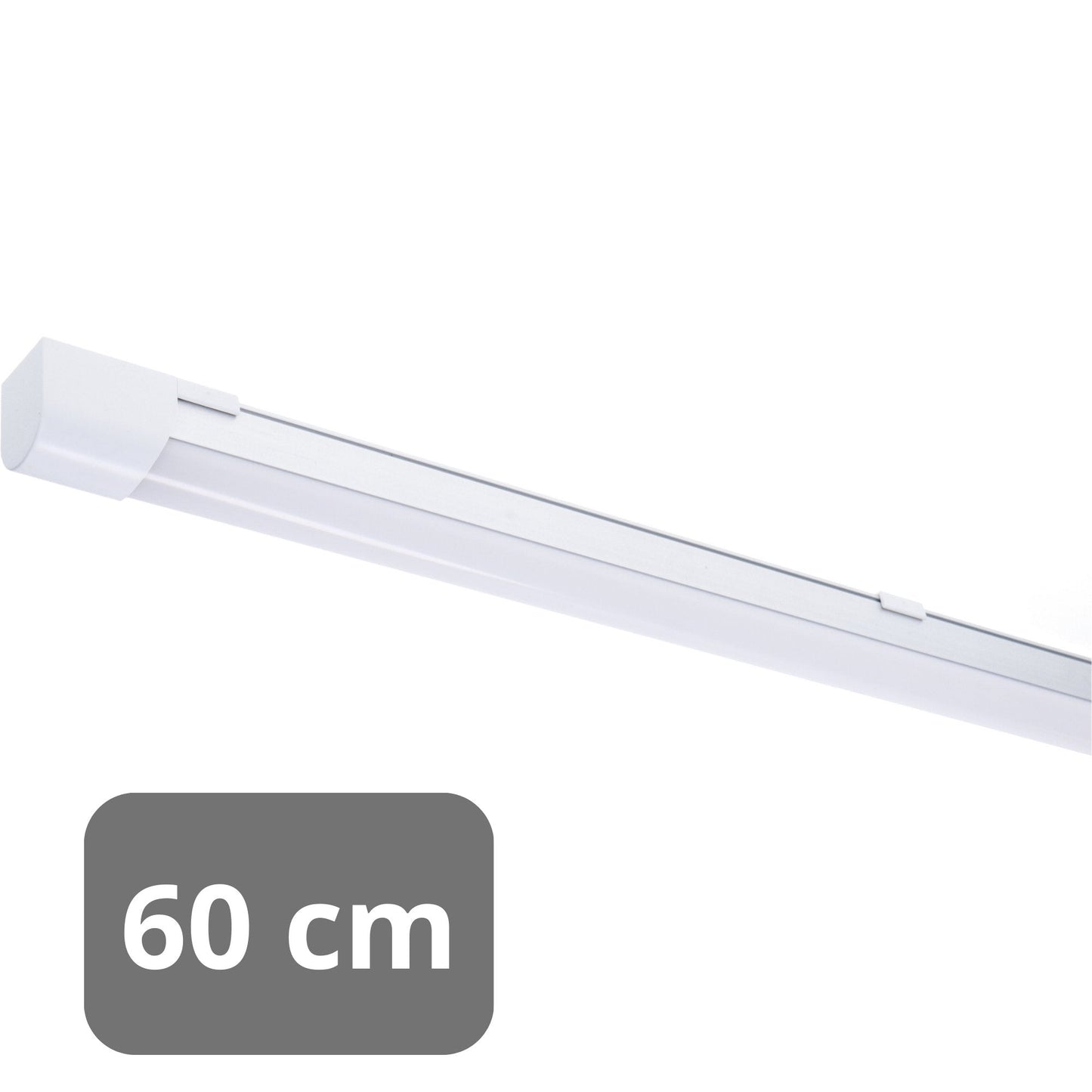 Een witte, 60 cm lange LED-stripverlichting met een glad oppervlak en zichtbare montageklemmen, geschikt voor moderne kantoor- of woonruimteverlichting.