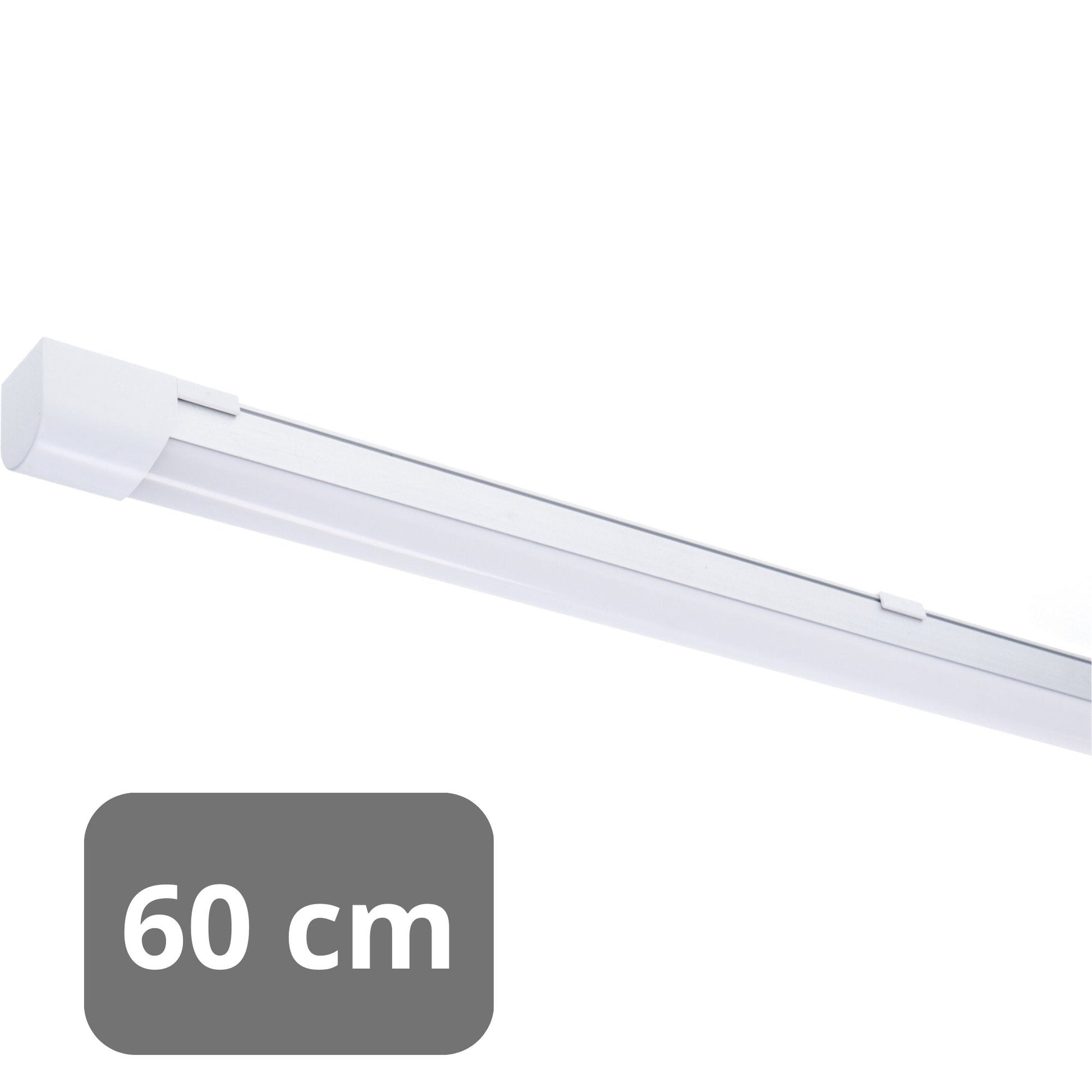 Een witte, 60 cm lange LED-stripverlichting met een glad oppervlak en zichtbare montageklemmen, geschikt voor moderne kantoor- of woonruimteverlichting.
