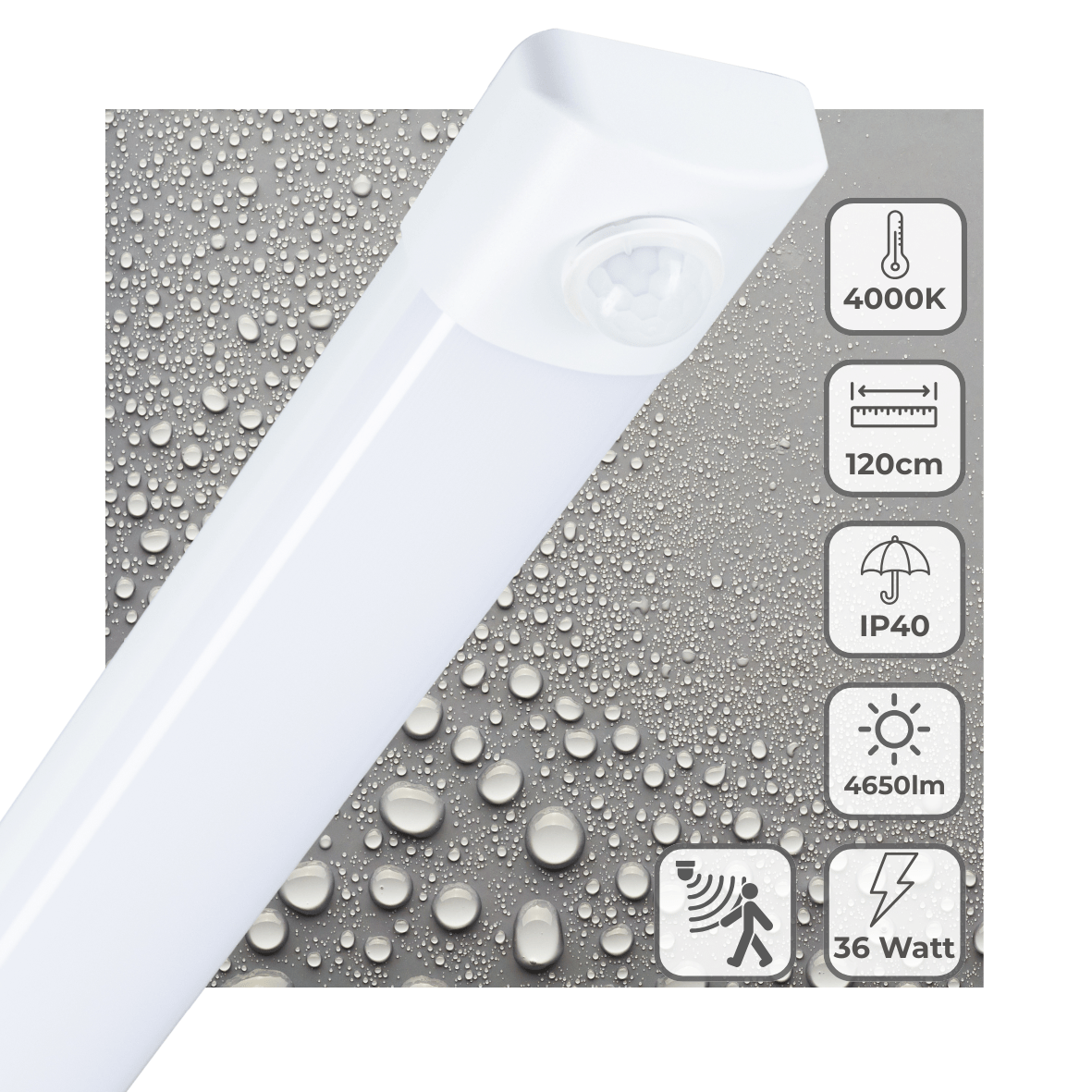 Een witte, rechthoekige bewegingssensorlamp met een glanzend oppervlak en een zichtbare sensorkop. Geschikt voor automatische verlichting in gangen, kantoren of woonruimtes.