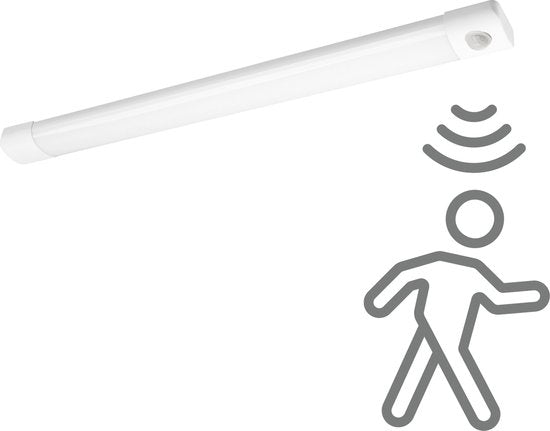 Een witte, rechthoekige bewegingssensorlamp met een glanzend oppervlak en een zichtbare sensormodule. Geschikt voor automatische verlichting in gangen, keukens of buitenruimtes.