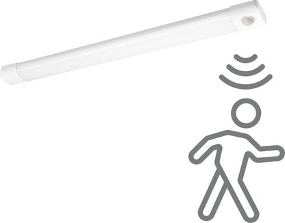 Een witte, rechthoekige bewegingssensorlamp met een glanzend oppervlak en een zichtbare sensormodule. Geschikt voor automatische verlichting in gangen, keukens of buitenruimtes.