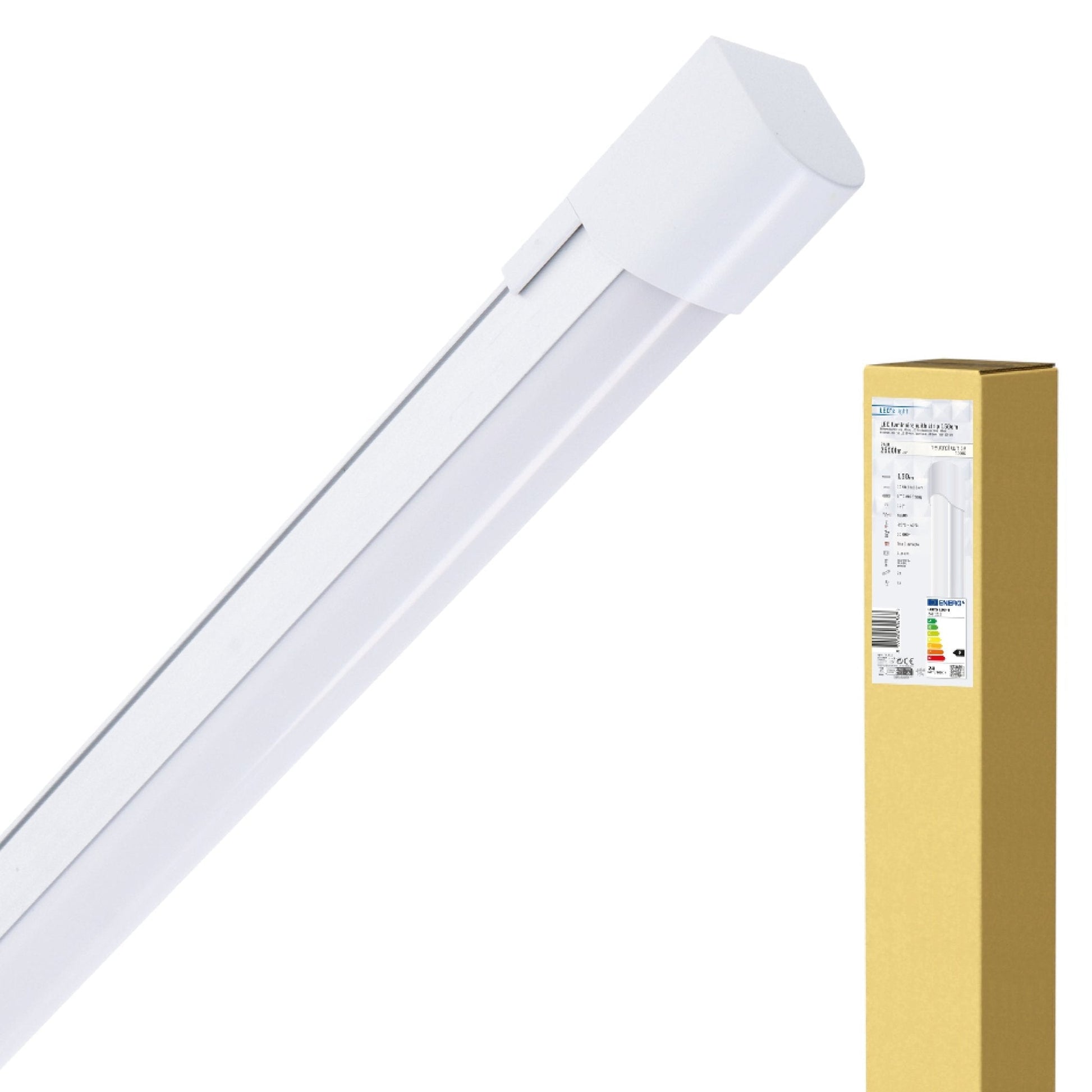 Een witte LED-buis met glanzend oppervlak en een afgeronde kap, naast een gouden verpakking met technische specificaties. Geschikt voor energiezuinige verlichting in kantoren en huishoudens.
