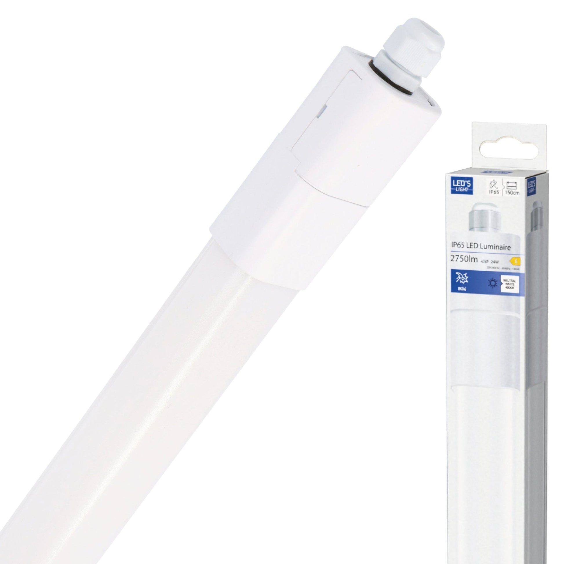 Een witte, cilindrische LED-lamp met IP65 beschermdheid en een zichtbare verpakking. Geschikt voor gebruik in keukens, badkamers of andere vochtige ruimtes.
