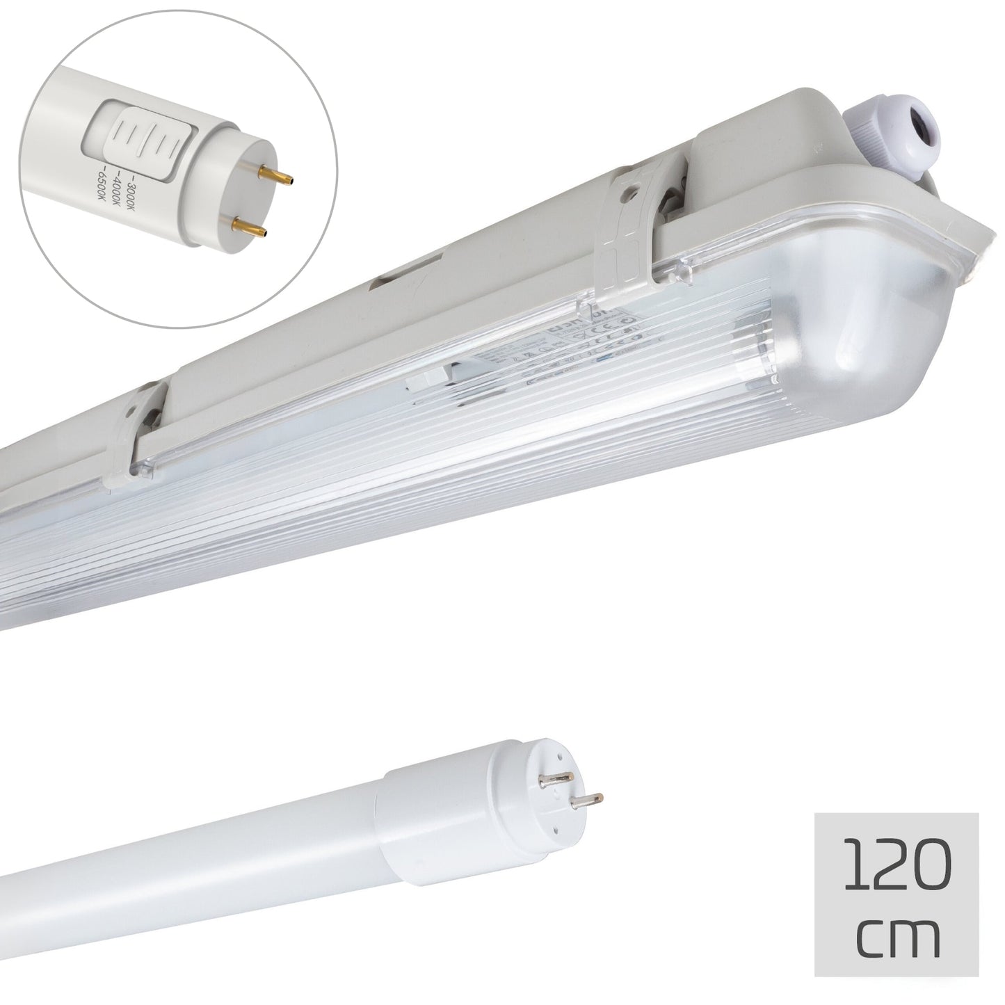 Een witte, 120 cm lange LED-verlichtingsbuis met een glazen kap en een zichtbare stekker. Geschikt voor industriële of commerciële ruimtes met hoge lichtverdeling.