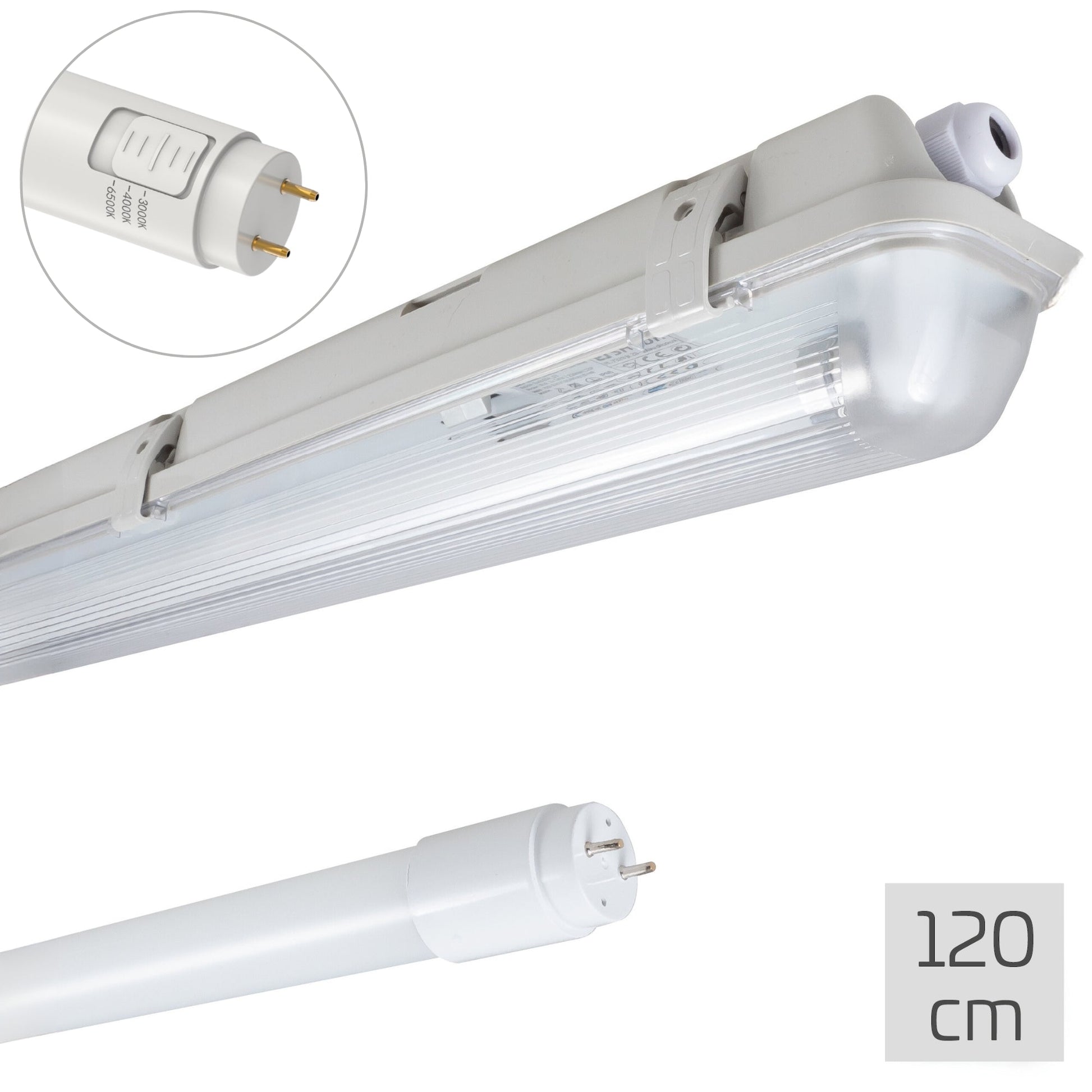 Een witte, 120 cm lange LED-verlichtingsbuis met een glazen kap en een zichtbare stekker. Geschikt voor industriële of commerciële ruimtes met hoge lichtverdeling.