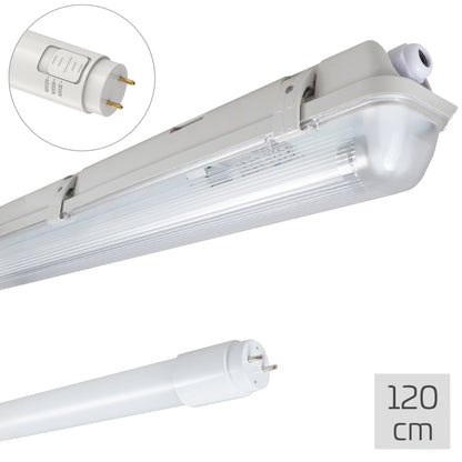 Een witte, 120 cm lange LED-verlichtingsbuis met een glazen kap en een zichtbare stekker. Geschikt voor industriële of commerciële ruimtes met hoge lichtverdeling.