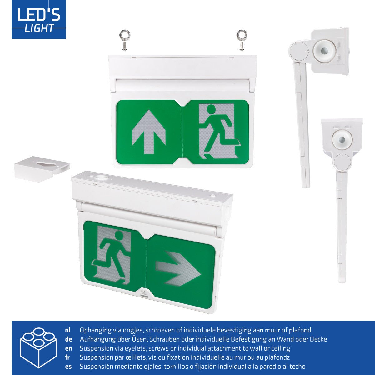 LED's Light - Noodverlichting - Nooduitgang bord met verlichting op accu - Draadloos en oplaadbaar - Pijl draaibaar