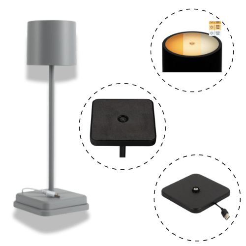Grijze standaardlamp met zwart textielbedekking en USB-oplaadkabel, uitgerust met een warm wit licht voor comfortabele sfeer. Ideaal voor moderne slaapkamer- of leesruimte.