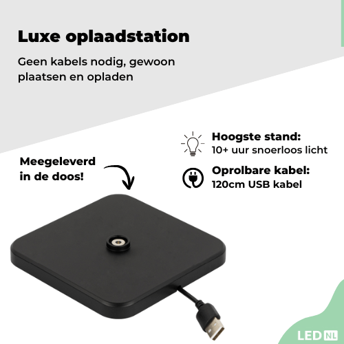 Grijze staand lamp met zwart textiel bedieningspaneel en USB-kabel, geschikt voor moderne kantoor- of woonruimte. Zie ook de warme lichtkleur en de compacte, draadloze bediening voor comfortabele verlichting.