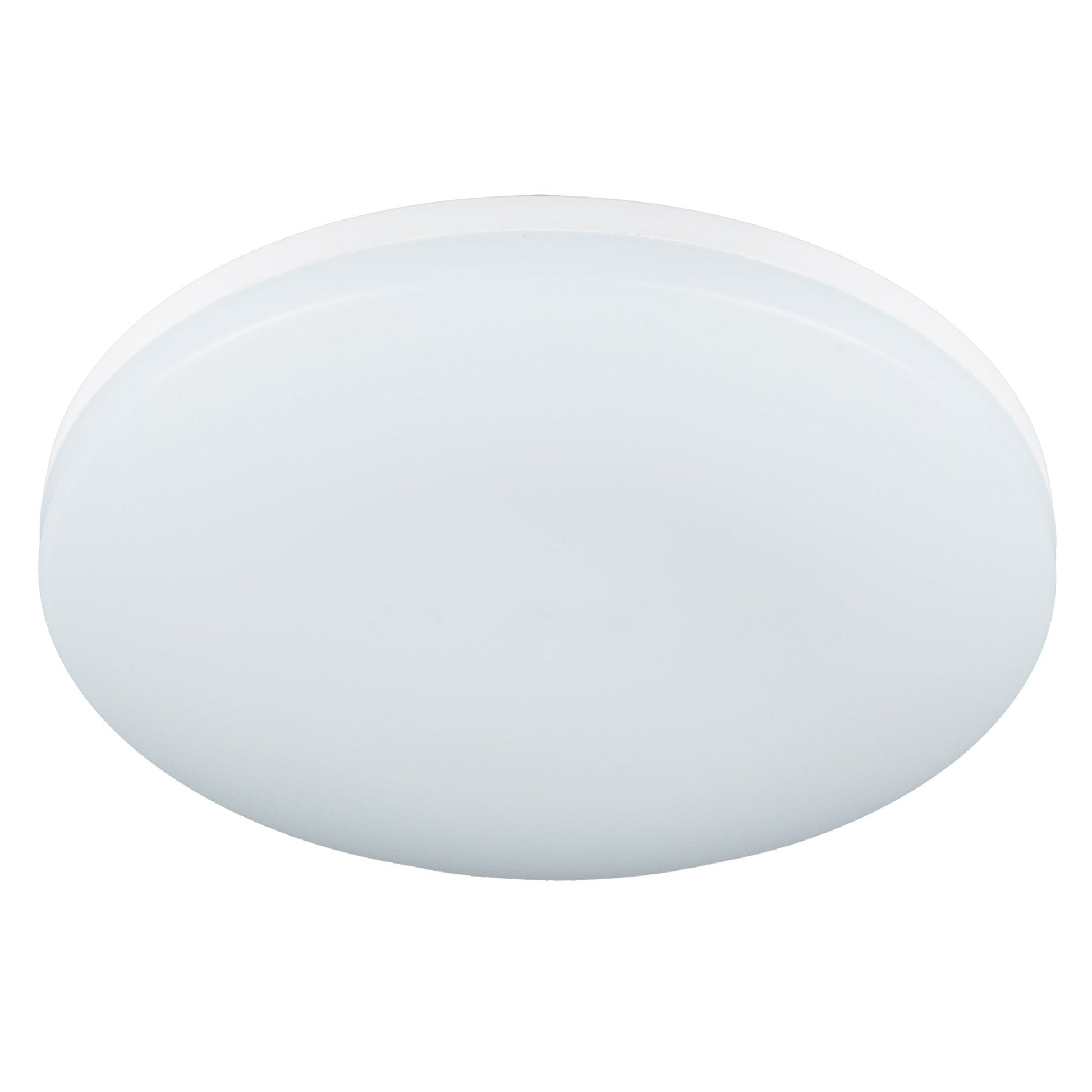 Een witte, ronde LED-plafondlamp met mat glas en zichtbare verpakking. Geschikt voor moderne woon- en kantoorruimtes, met warme en neutrale kleurtemperatuuropties.