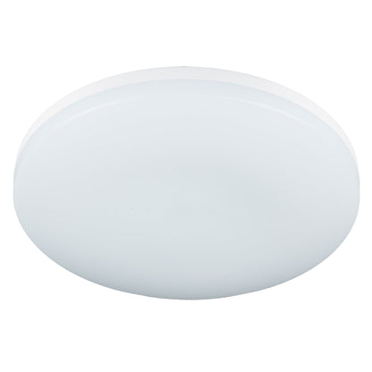 Een witte, ronde LED-plafondlamp met mat glas en zichtbare verpakking. Geschikt voor moderne woon- en kantoorruimtes, met warme en neutrale kleurtemperatuuropties.