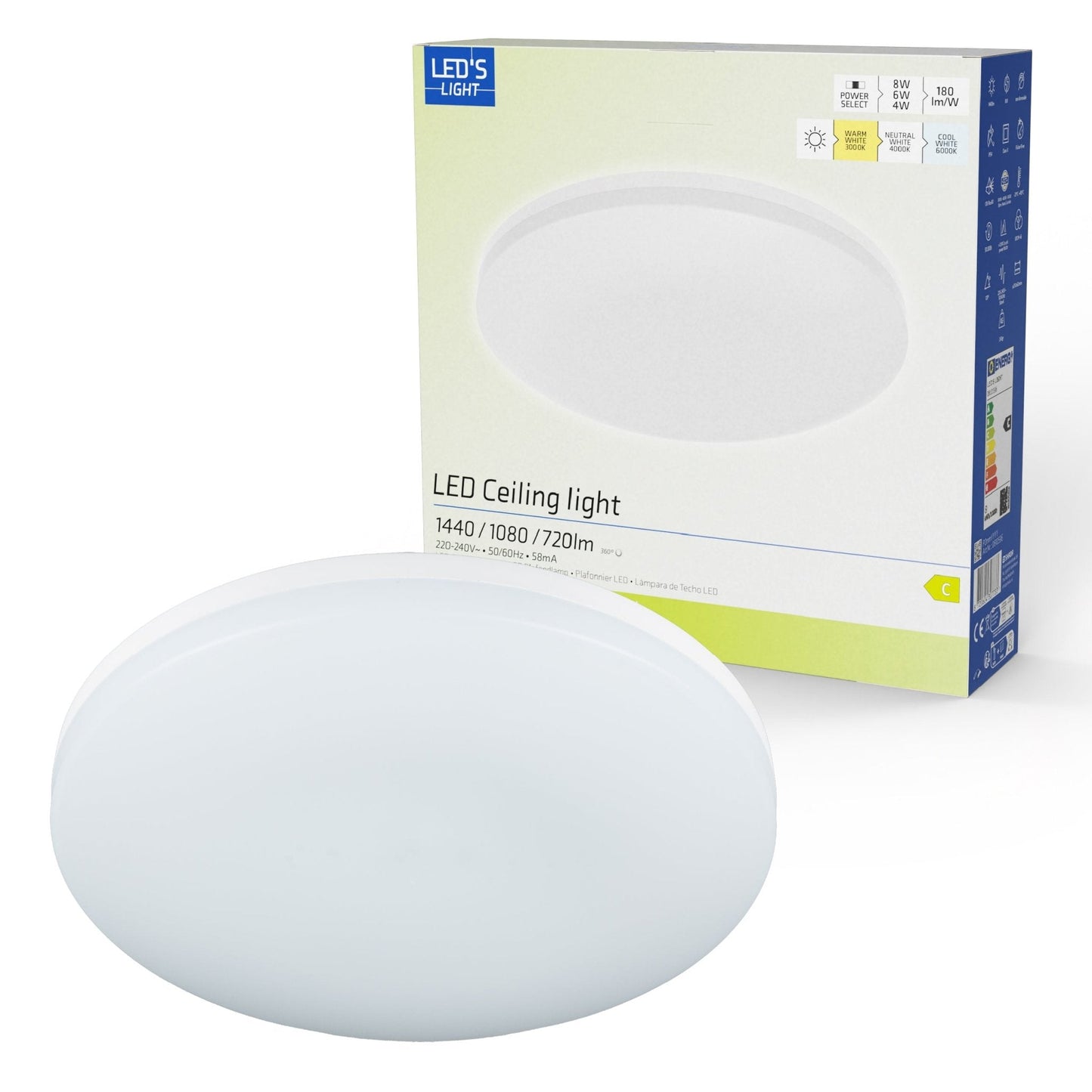 Een witte, ronde LED-plafondlamp met mat glas en zichtbare verpakking. Geschikt voor moderne woon- en kantoorruimtes met energiezuinige verlichting.
