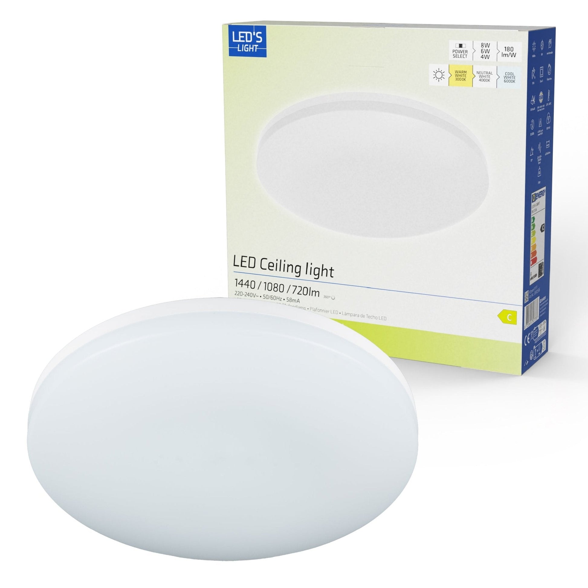 Een witte, ronde LED-plafondlamp met mat glas en zichtbare verpakking. Geschikt voor moderne woon- en kantoorruimtes met energiezuinige verlichting.