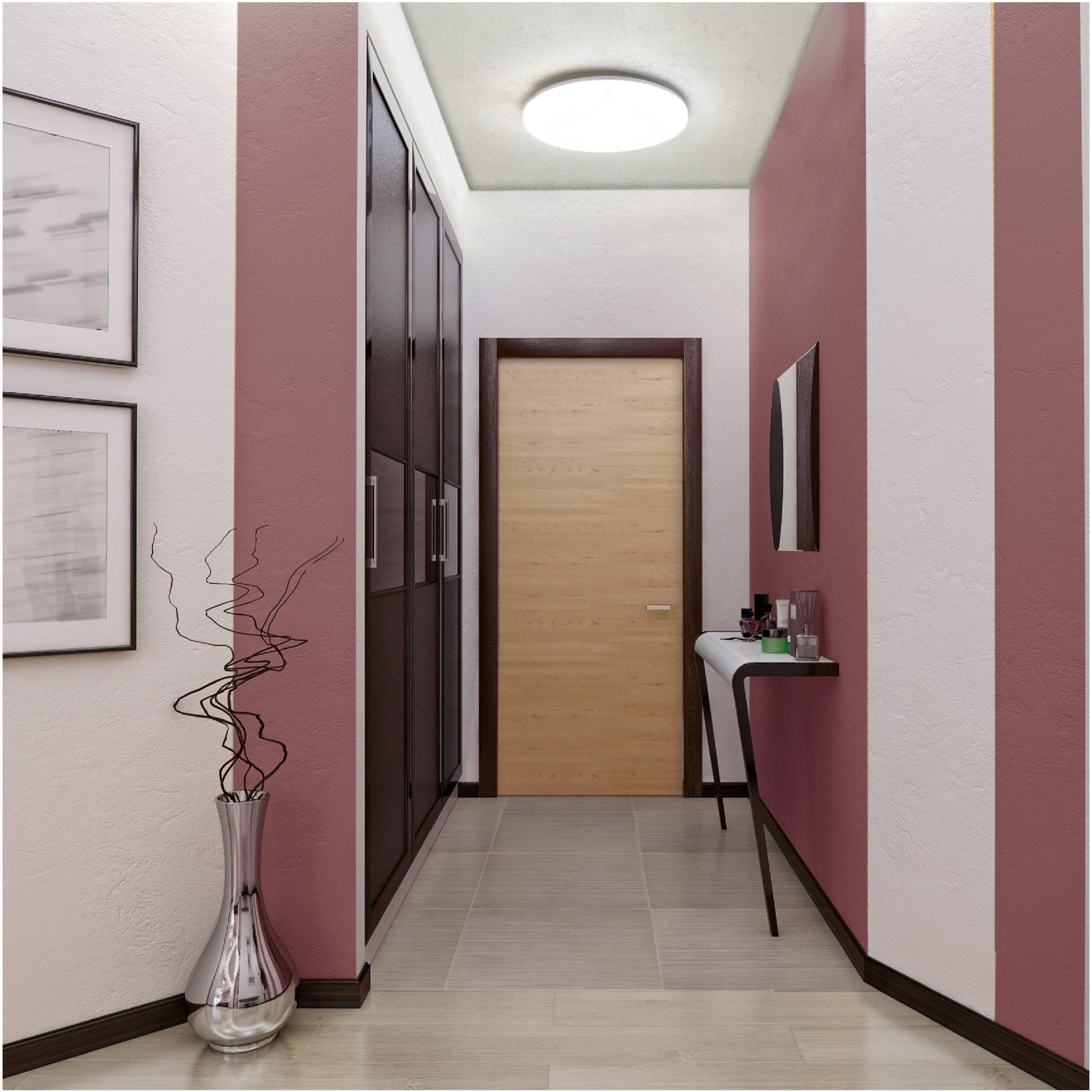 Een witte, ronde plafondlamp met mat glas en een gladde, minimalistische vorm. Geschikt voor moderne woonkamers of kantoren waar neutrale verlichting en stijlvol design belangrijk zijn.