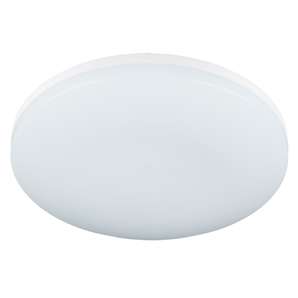 Een witte, ronde plafondlamp met mat glas en een gladde, minimalistische vorm. Geschikt voor moderne interieurs en als energiezuinige verlichting in woon- of werkkamers.