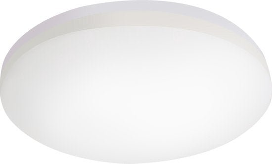 Een witte, ronde plafondlamp met mat glas en een gladde, minimalistische vorm. Geschikt voor moderne woonkamers of kantoren waar helder, neutraal licht nodig is.