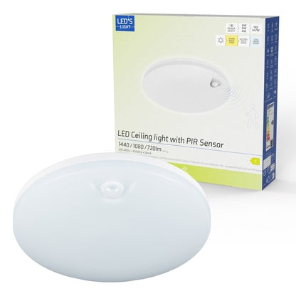 Een witte, ronde bewegingssensorlamp met een zichtbare sensor aan de zijkant, geschikt voor automatische verlichting in gangen en woonruimtes. Ideaal voor energiebesparing en veiligheid in binnenruimtes.