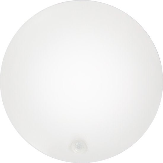 Een witte, ronde plafondlamp met een ingebouwde bewegingssensor voor automatische verlichting. Geschikt voor gangen, kantoorruimtes of woonruimtes waar beweging gedetecteerd moet worden.