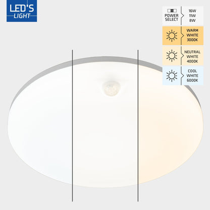 Een witte, ronde plafondlamp met een ingebouwde bewegingssensor voor automatische verlichting. Geschikt voor gangen, kantoorruimtes of woonruimtes waar bewegingssensoren nuttig zijn.