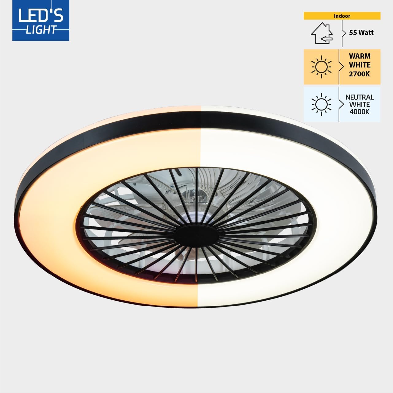 LED’s Light plafondventilator met verlichting 48 cm – Ventilatiesnelheid en bediening met afstandsbediening - Zwart