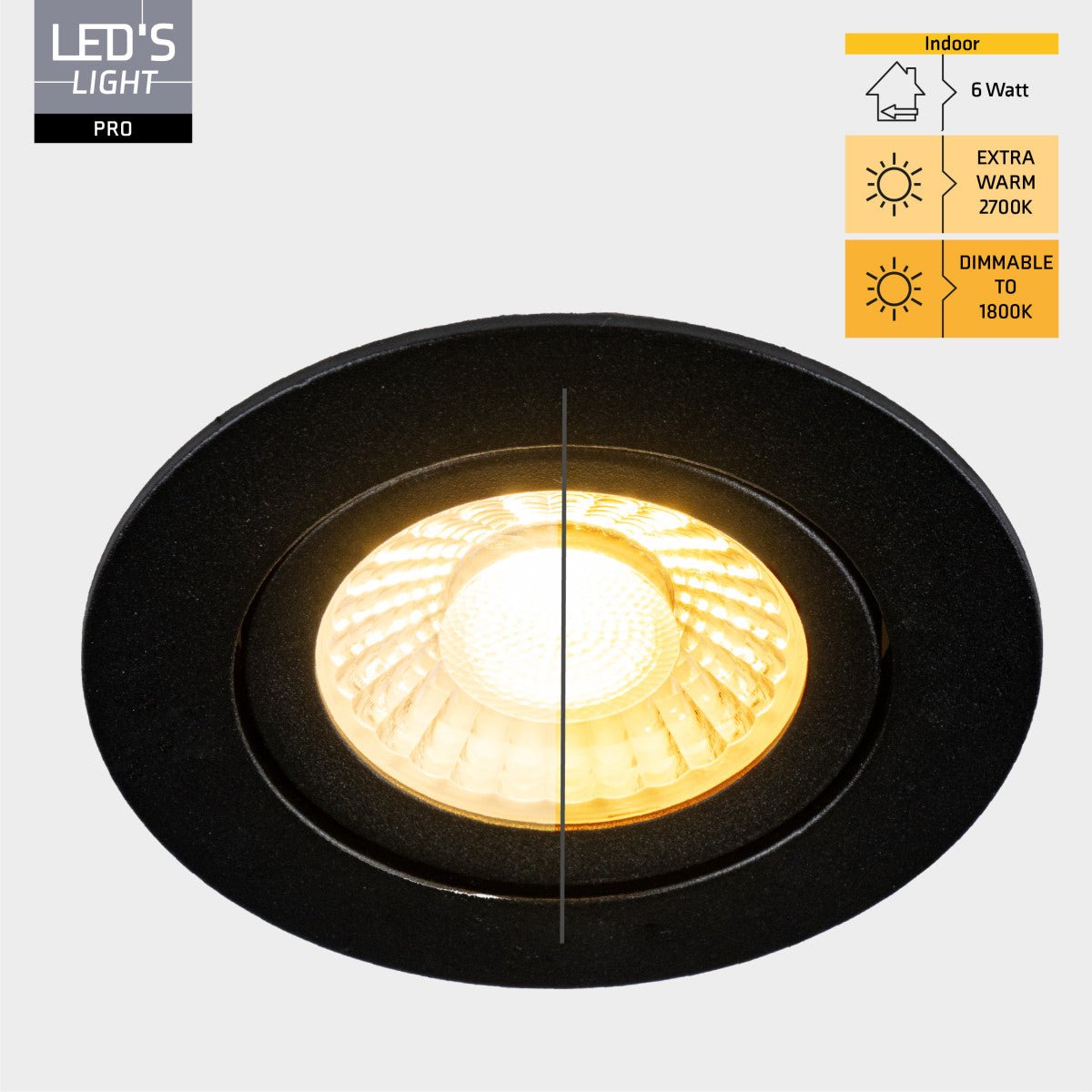 Zwart, matte inbouwspot met zichtbare LED-lichtbron en verstelbare arm. Geschikt voor moderne interieurlampen en professionele verlichting in woon- en commerciële ruimtes.
