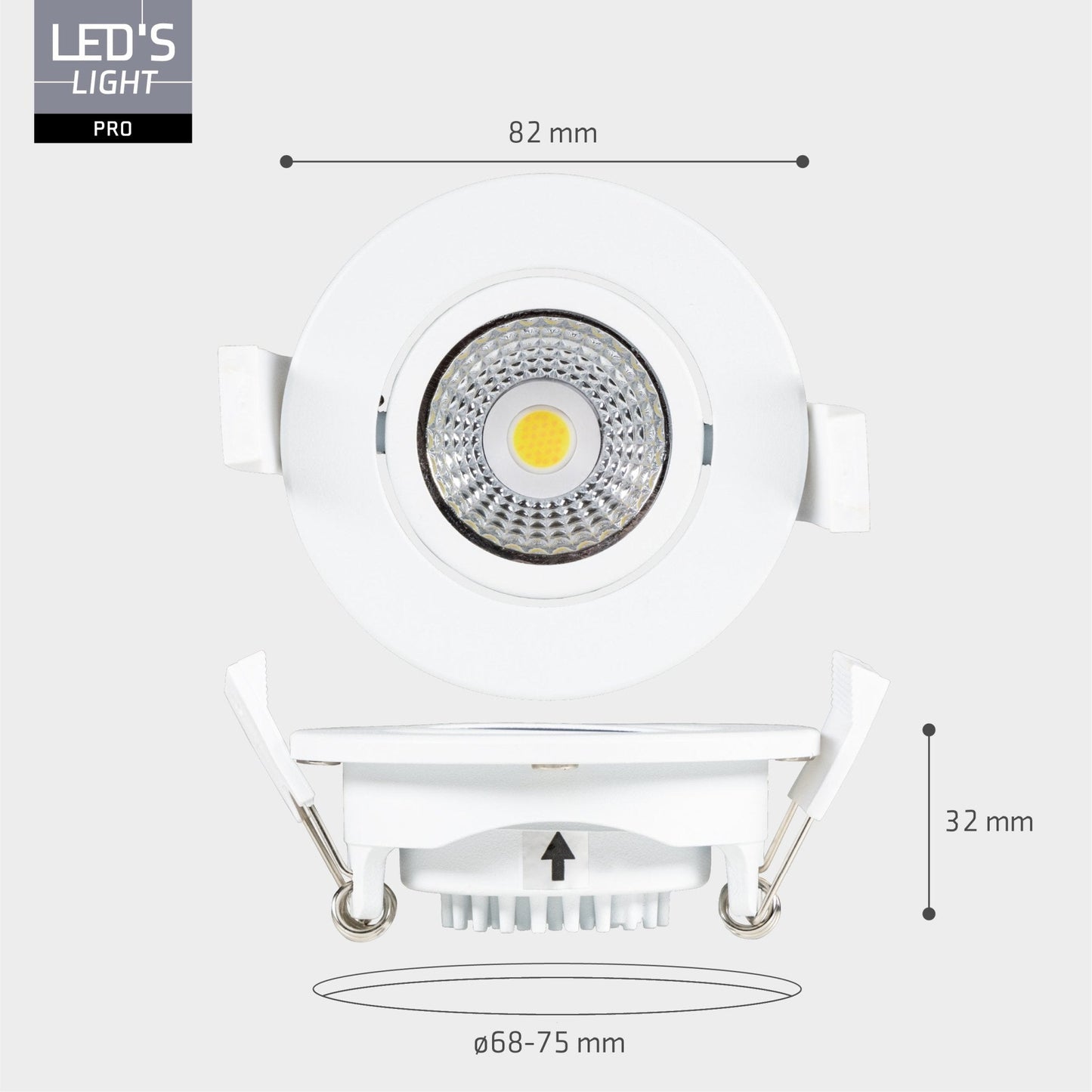 Drie witte LED spotlights met zichtbare reflector en goudkleurige chip, geschikt voor moderne plafondverlichting. Ideaal voor energiezuinige, stijlvolle verlichting in woon- en commerciële ruimtes.