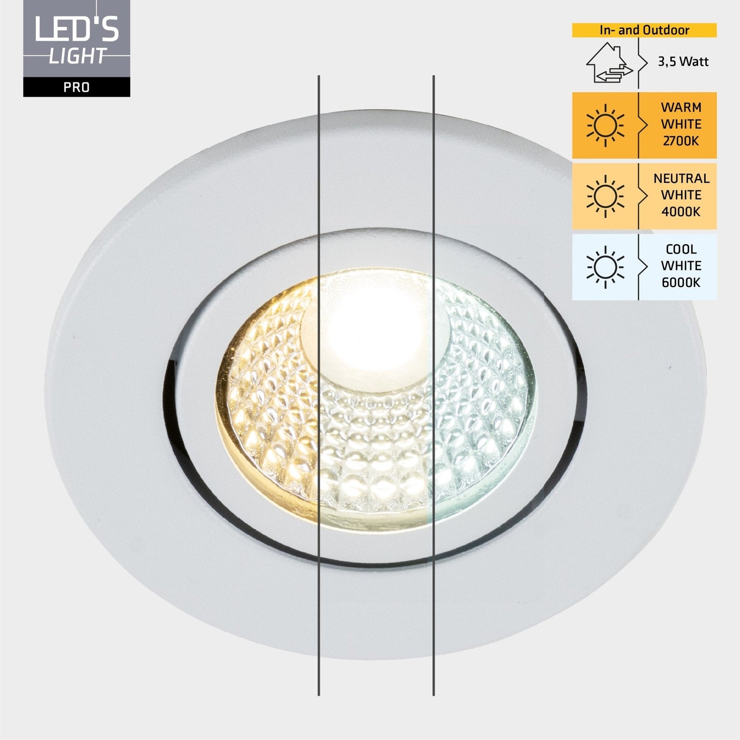 Drie witte LED-spotlights met zichtbare goudkleurige chip en textuurde reflector, geschikt voor moderne plafondverlichting. Ideaal voor energiezuinige, stijlvolle verlichting in woon- en commerciële ruimtes.