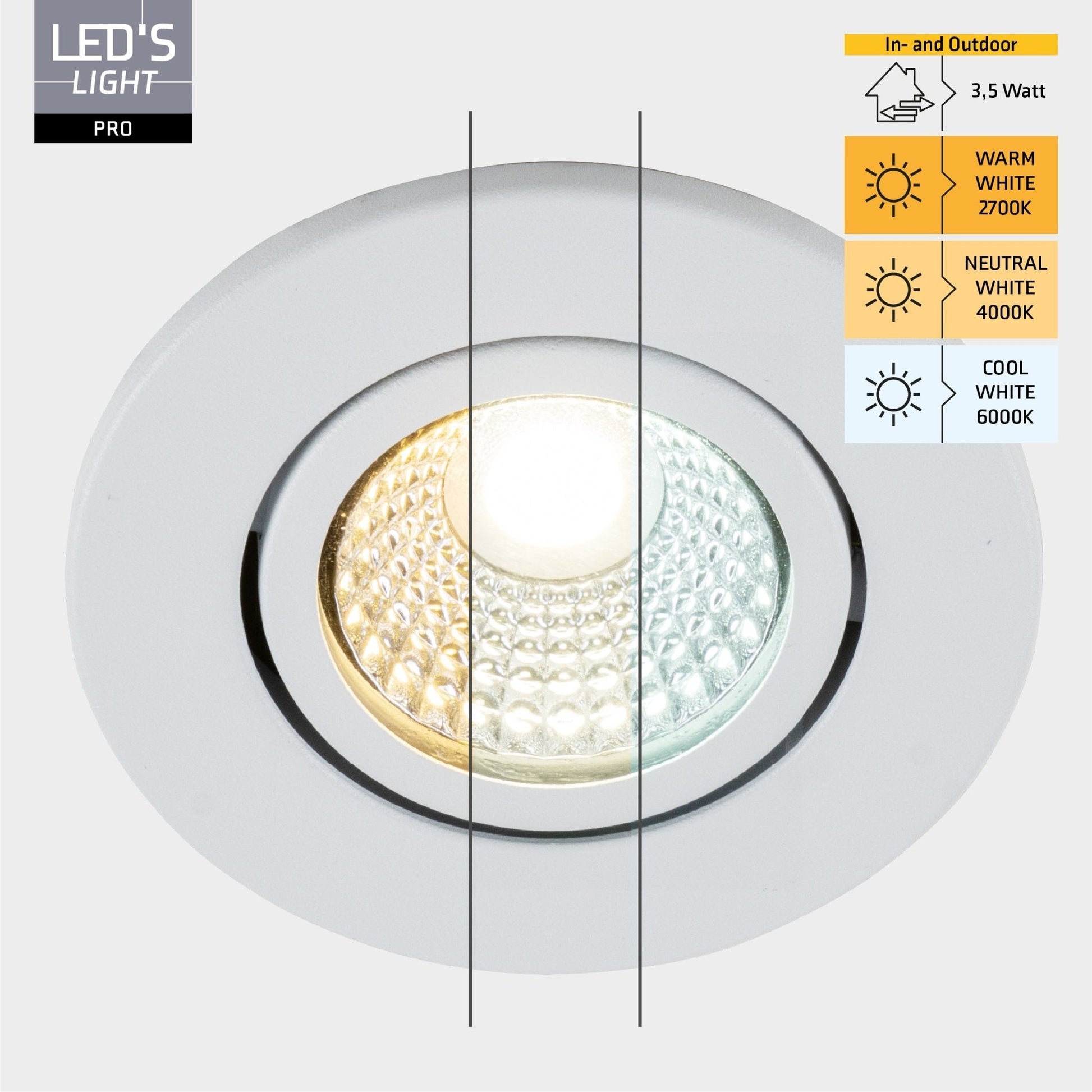 Drie witte LED-spotlights met zichtbare goudkleurige chip en textuurde reflector, geschikt voor moderne plafondverlichting. Ideaal voor energiezuinige, stijlvolle verlichting in woon- en commerciële ruimtes.
