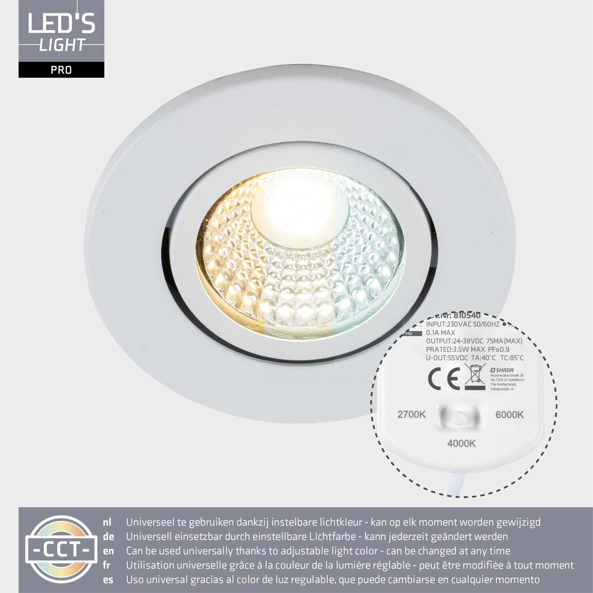 Drie witte LED spotlights met zichtbare goudkleurige chip en textuurde reflector, geschikt voor moderne plafondverlichting. Perfect voor minimalistische interieurs en energiezuinige verlichting.
