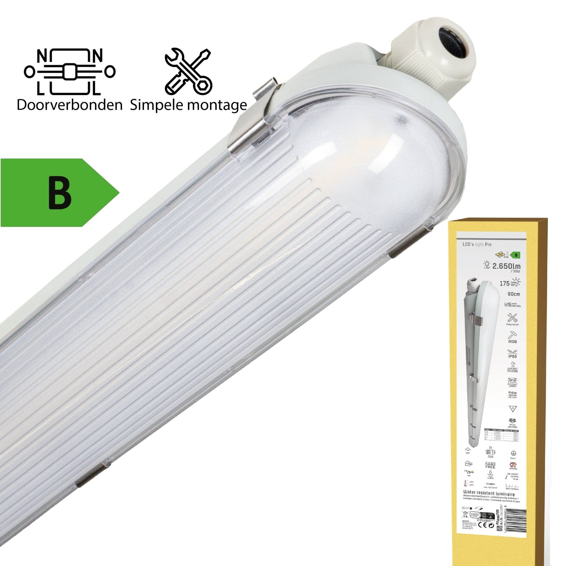 Een witte, 175 cm lange LED-buitenlamp met ribbelvormige diffuser en schroefmontage, geschikt voor industriële of commerciële verlichting, met vermelding van waterdichtheid en eenvoudige installatie.