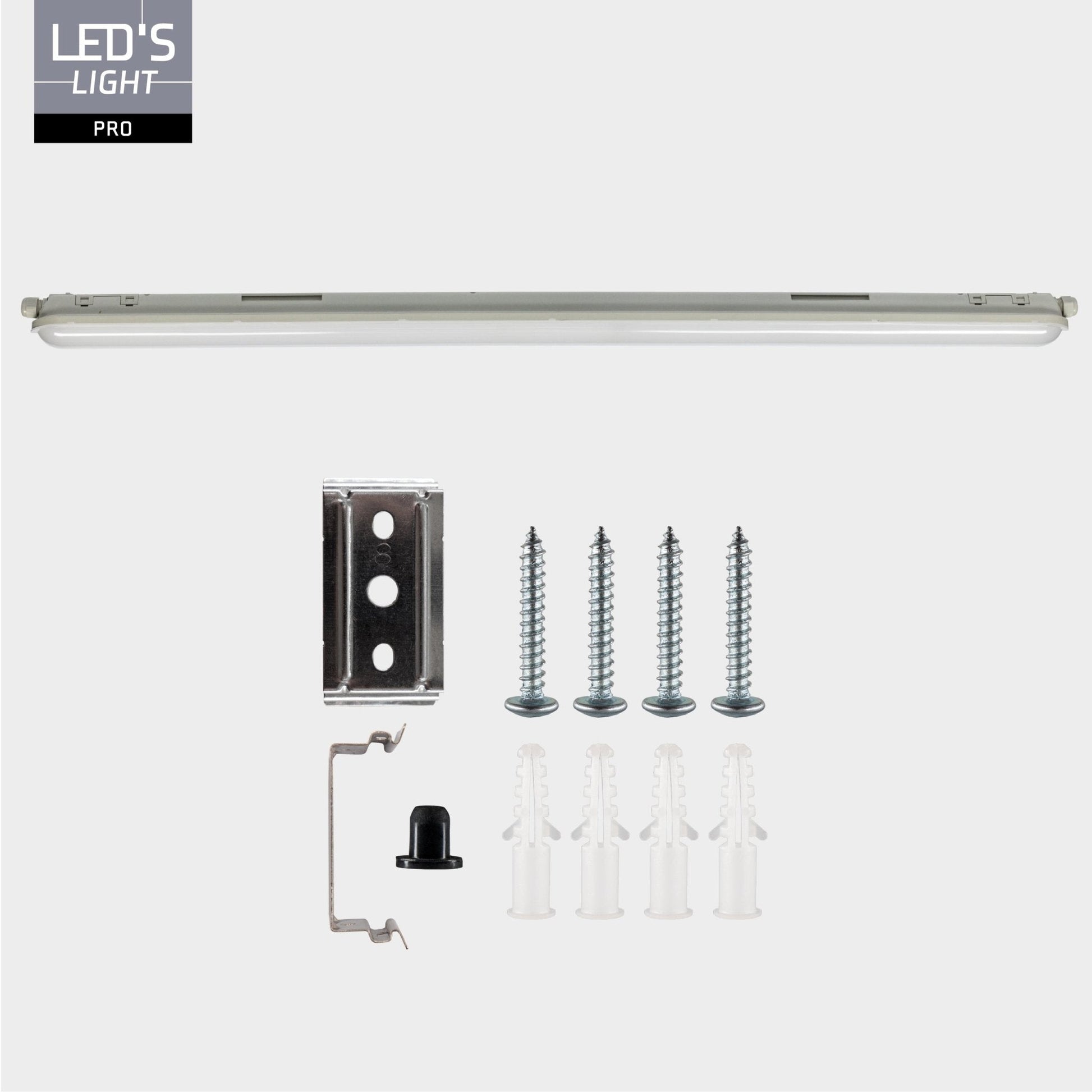 Een witte, doorverbonden LED-tubulairlamp met glanzende afwerking en zichtbare aansluiting, geschikt voor industriële of commerciële verlichting. Zie ook de verpakking met productdetails.