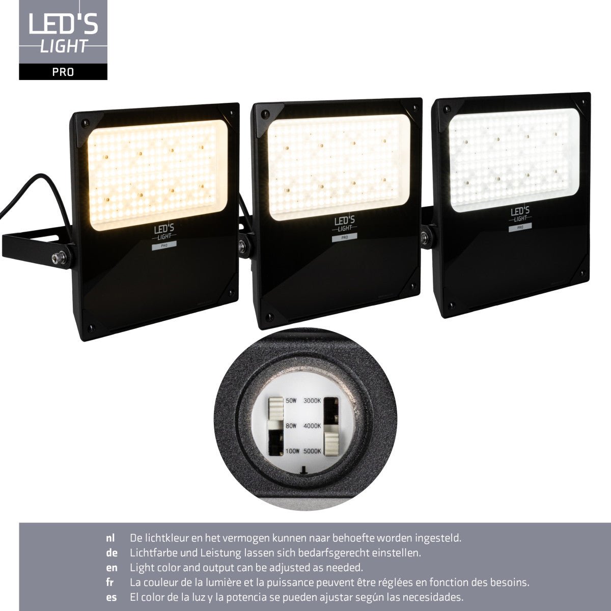 LED’s Light PRO floodlight met zwart metaalframe en witte LED-plateau, geplaatst naast de verpakking. Geschikt voor buitenverlichting en industriële toepassingen.