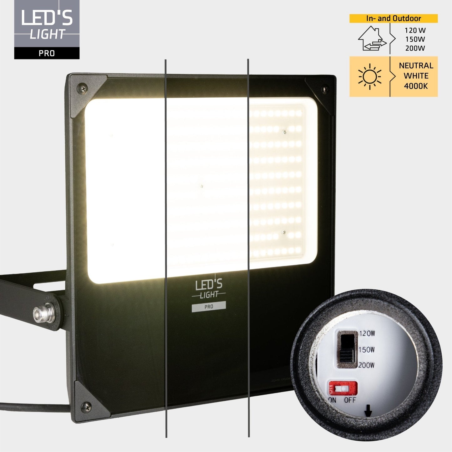 LED’s Light PRO buitenverlichting met zwart metaallichaam en heldere witte LED-lichtbron. Geschikt voor tuin- en terrasverlichting, met zichtbare montagearm en kabel.