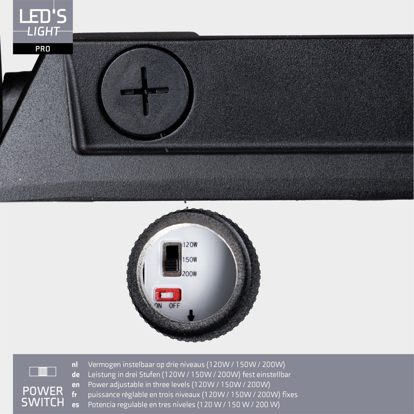 LED’s Light PRO buitenverlichting met zwart metaallichaam en witte LED-plateau. Zichtbare schroefdetails en montagearm voor wand- of plafondmontage. Geschikt voor tuinverlichting en veiligheidssystemen.
