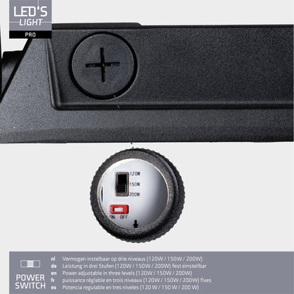 LED’s Light PRO buitenverlichting met zwart metaallichaam en witte LED-plateau. Zichtbare schroefdetails en montagearm voor wand- of plafondmontage. Geschikt voor tuinverlichting en veiligheidssystemen.