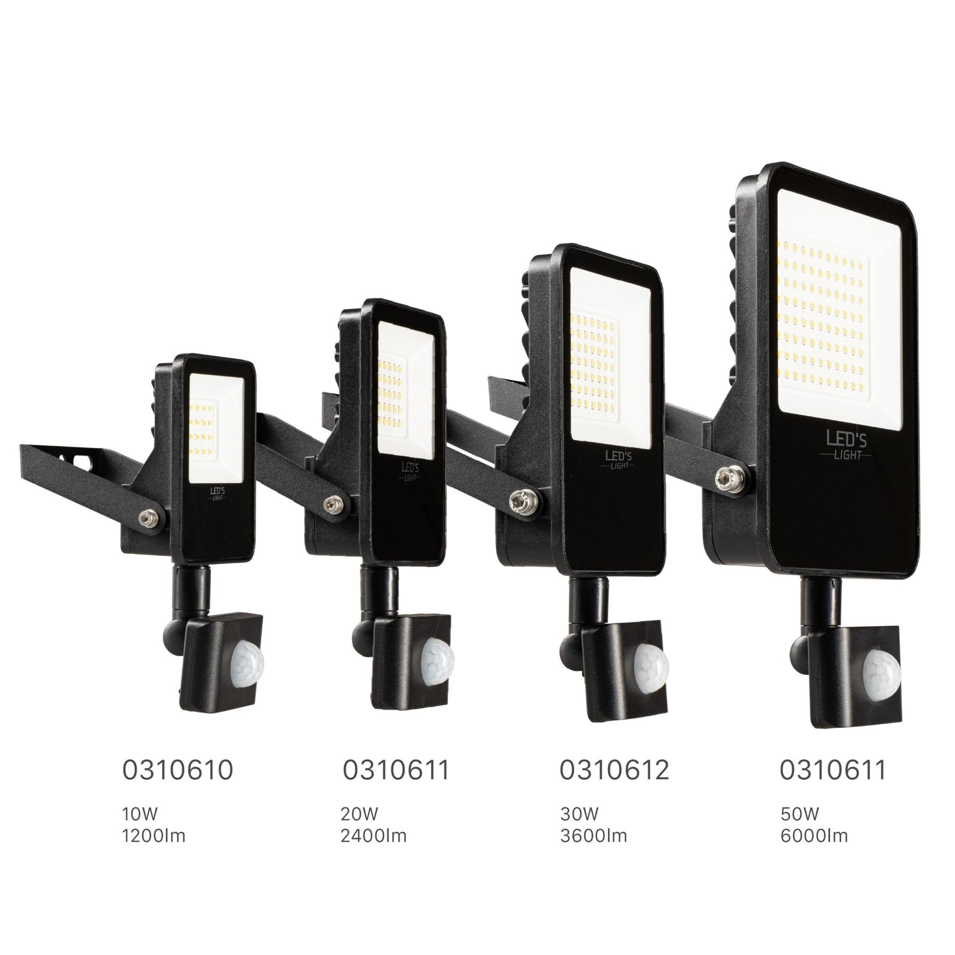 Zwarte LED buitenlamp met bewegingssensor, voor tuin of patio. Zichtbare LED’s en het merk LED’S LIGHT op de voorkant, geschikt voor nachtelijke verlichting.