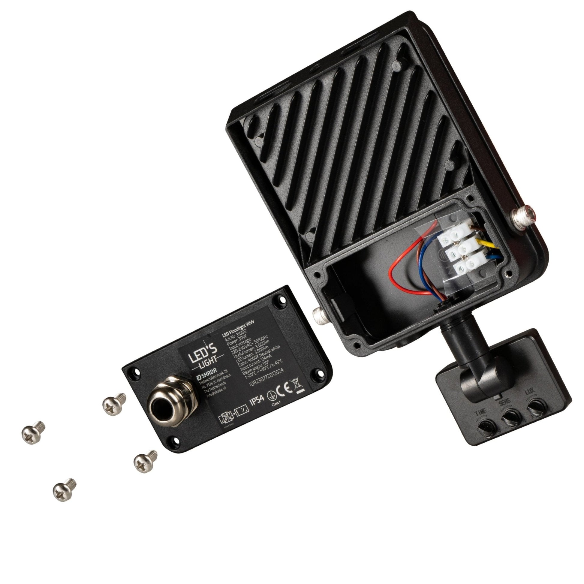 Zwart LED-stralingslicht met bewegingssensor, voor buitenverlichting. Het apparaat heeft een glanzende afwerking en een zichtbare sensor voor automatische verlichting bij beweging.