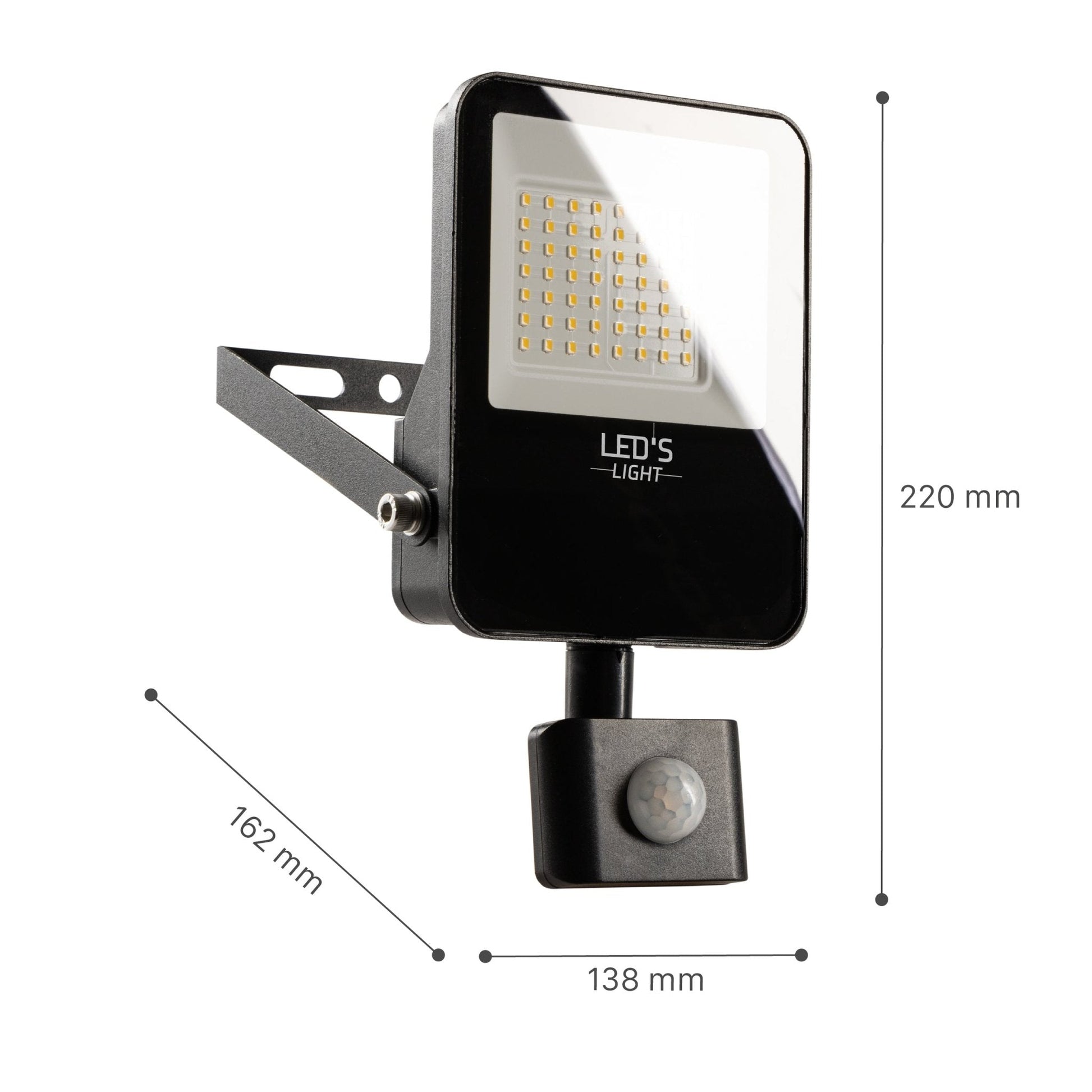 Zwart LED-stralingslicht met bewegingssensor, voor buitenverlichting. Zichtbare LED’s en het merk LED’S LIGHT op de voorkant, geschikt voor tuin- en terrasverlichting.