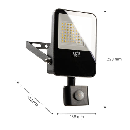 Zwart LED-stralingslicht met bewegingssensor, voor buitenverlichting. Zichtbare LED’s en het merk LED’S LIGHT op de voorkant, geschikt voor tuin- en terrasverlichting.