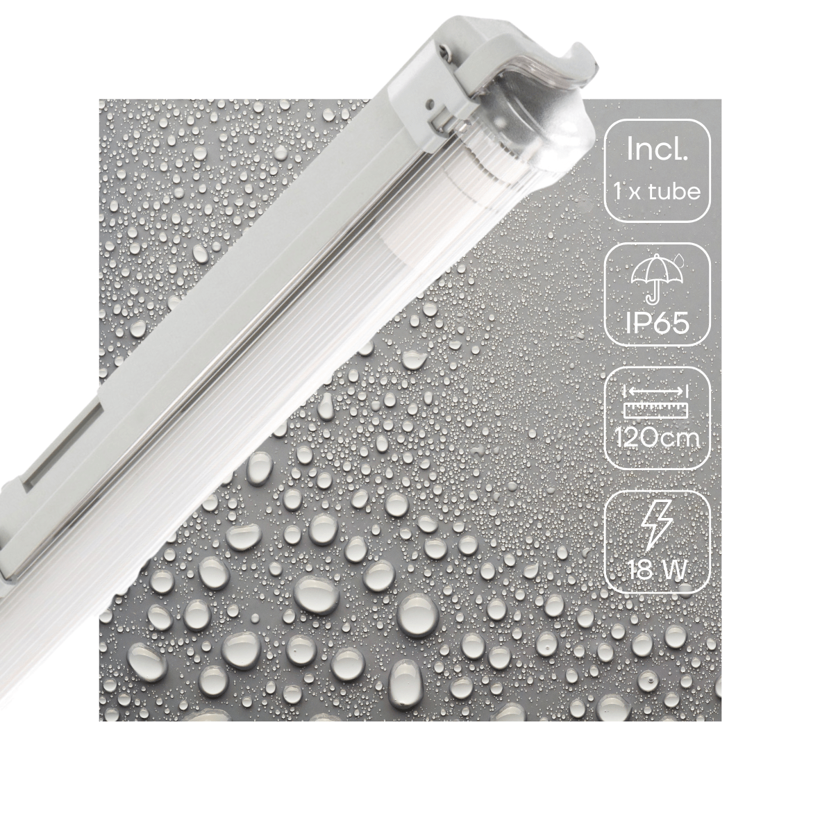 Grijze LED-buis met transparante beschermkap en witte aansluiting, geïntegreerd met een goudkleurige verpakking voor professionele verlichting in kantoren en industriële ruimtes.