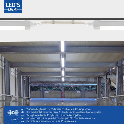 Een witte LED-dampbestendige tl-buis met drukterminal en doorverbonden aansluiting, geschikt voor vochtige ruimtes zoals keukens of badkamers.