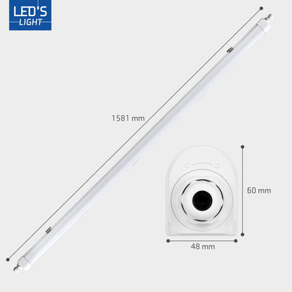 Witte LED-stang met drukterminal en doorverbonden aansluiting, geschikt voor industriële verlichting. Zichtbare metalen contacten en transparante behuizing voor betrouwbare installatie.