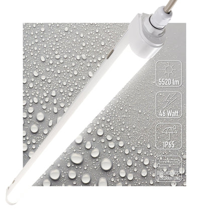 Een witte LED-dampbestendige buis met drukterminal en doorverbonden aansluiting, geschikt voor vochtige ruimtes zoals keukens of badkamers. Geïntegreerd in de verpakking van LED’s Light.