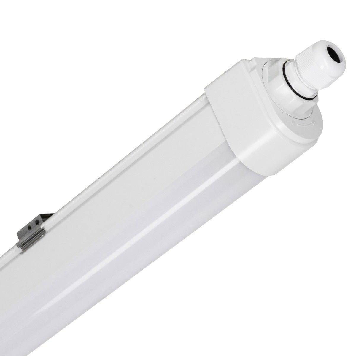 Een witte LED-dampbestendige tl-buis met drukterminal en doorverbonden aansluiting, geschikt voor vochtige ruimtes zoals keukens of badkamers.