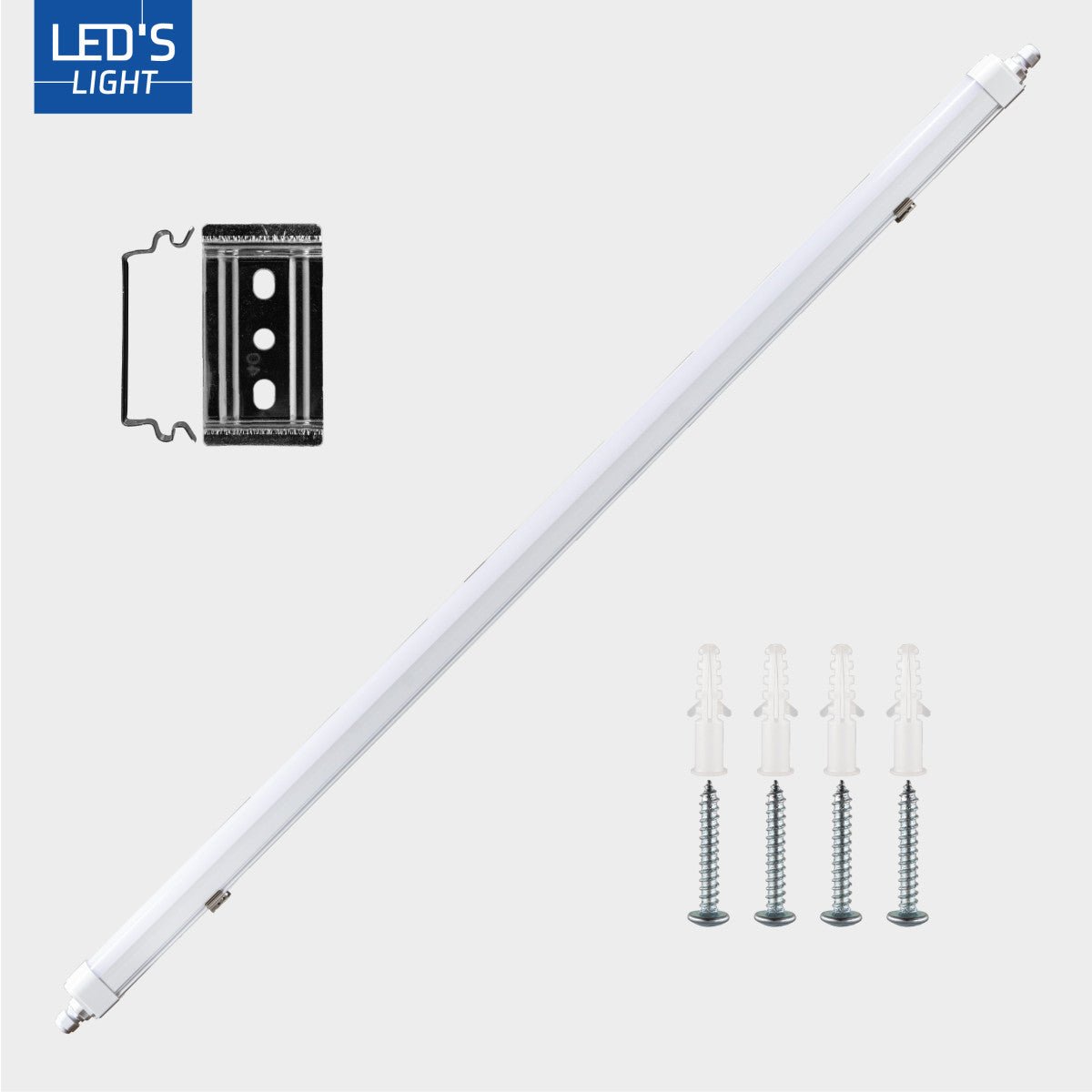 Een witte LED-dampbestendige tl-buis met drukterminal en doorverbonden aansluiting, geschikt voor vochtige ruimtes zoals keukens of badkamers.