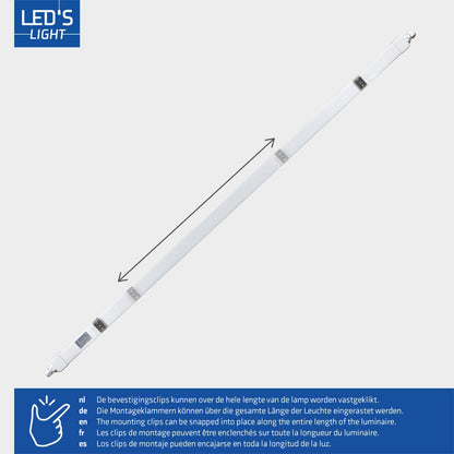 Een witte LED-dampbestendige tl-buis met drukterminal en doorverbonden aansluiting, geschikt voor vochtige ruimtes zoals keukens of badkamers.