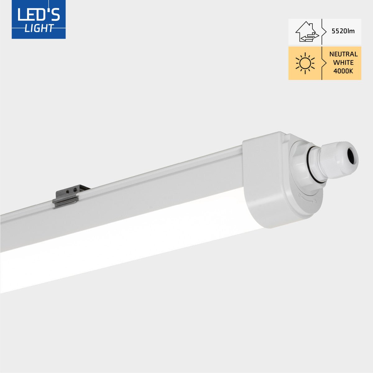 Witte LED-buis met drukterminal en doorverbonden aansluiting, geschikt voor professionele verlichting. Zichtbare metalen contacten en transparante behuizing voor betrouwbare installatie.