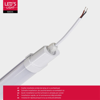 Een witte LED-battenlamp met zichtbare kabel en verpakking, geschikt voor professionele verlichting in winkels of kantoren. Gebruik als energiezuinige vervanging voor oude tl-batten.
